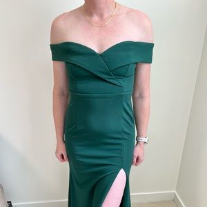 Lulu’s hunter green gown- maxi - slit- off the shoulder